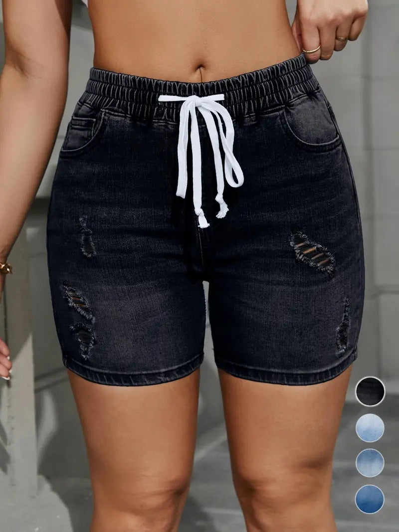 ⭐ Women's High Waisted Drawstring Ripped Denim Shorts with Pockets