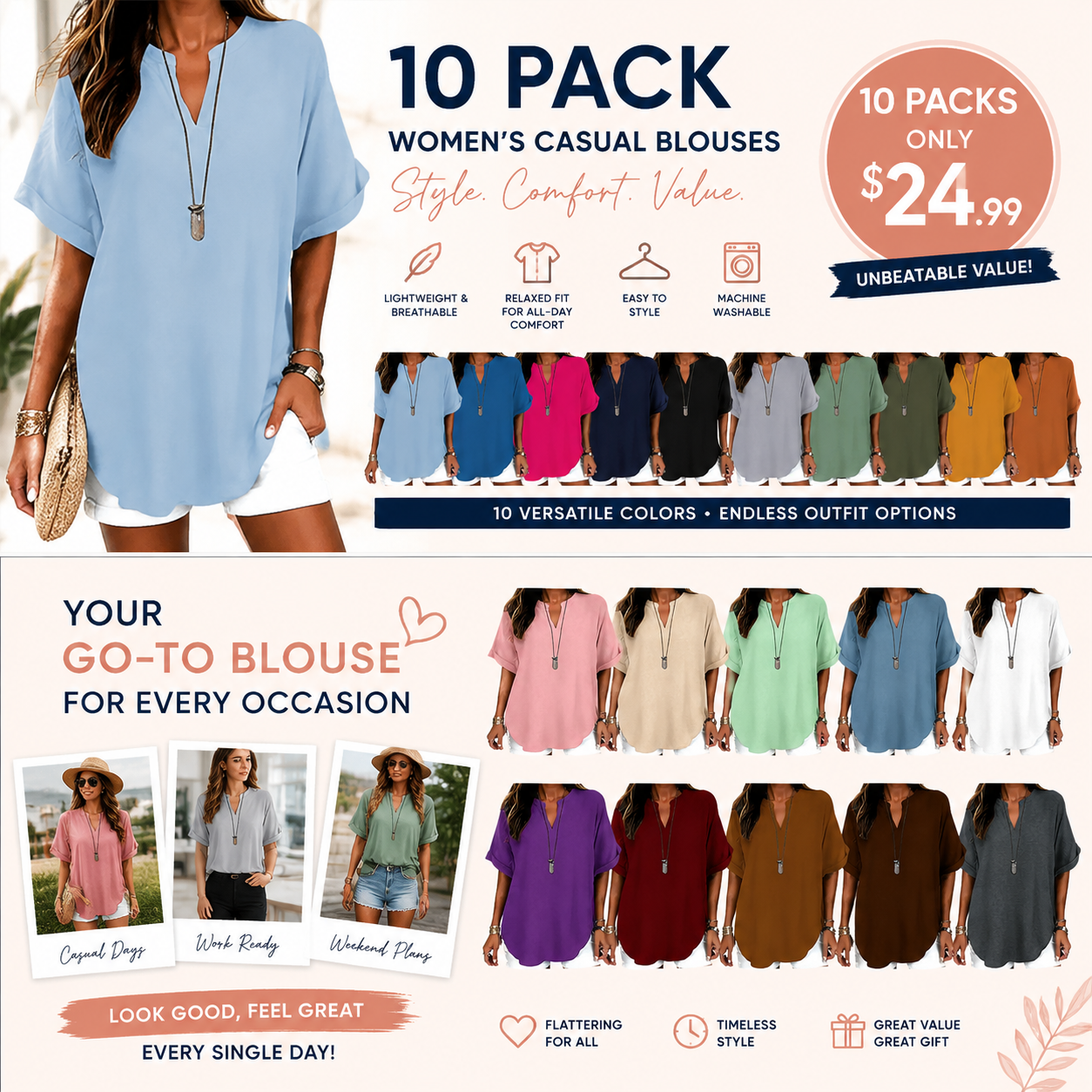 ⏰Final 3 hours 80% OFF🔥Women's Plain Short Sleeve Blouse, Casual Solid Color Top for Daily Wear, Ladies Clothes for All Seasons