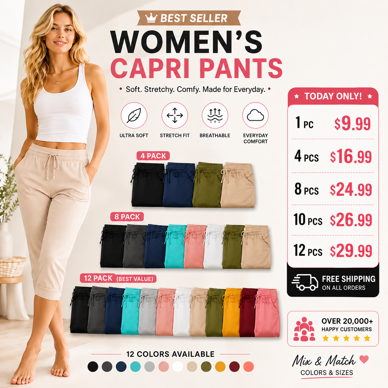 🔥Hot Summer Sale🔥Women’s Drawstring Capri Pants with Pockets for Casual Comfort Wear
