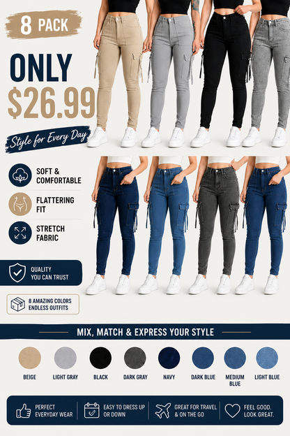 🔥MID YEAR SALE🔥Women's Plain Multi-pocket Denim Elastic Slim Fit Button Cargo Denim Pants