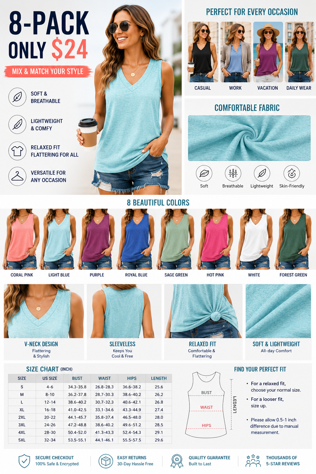 Tank Tops for Women Summer V Neck T Shirts Trendy Sleeveless Basic Tee Loose Fit