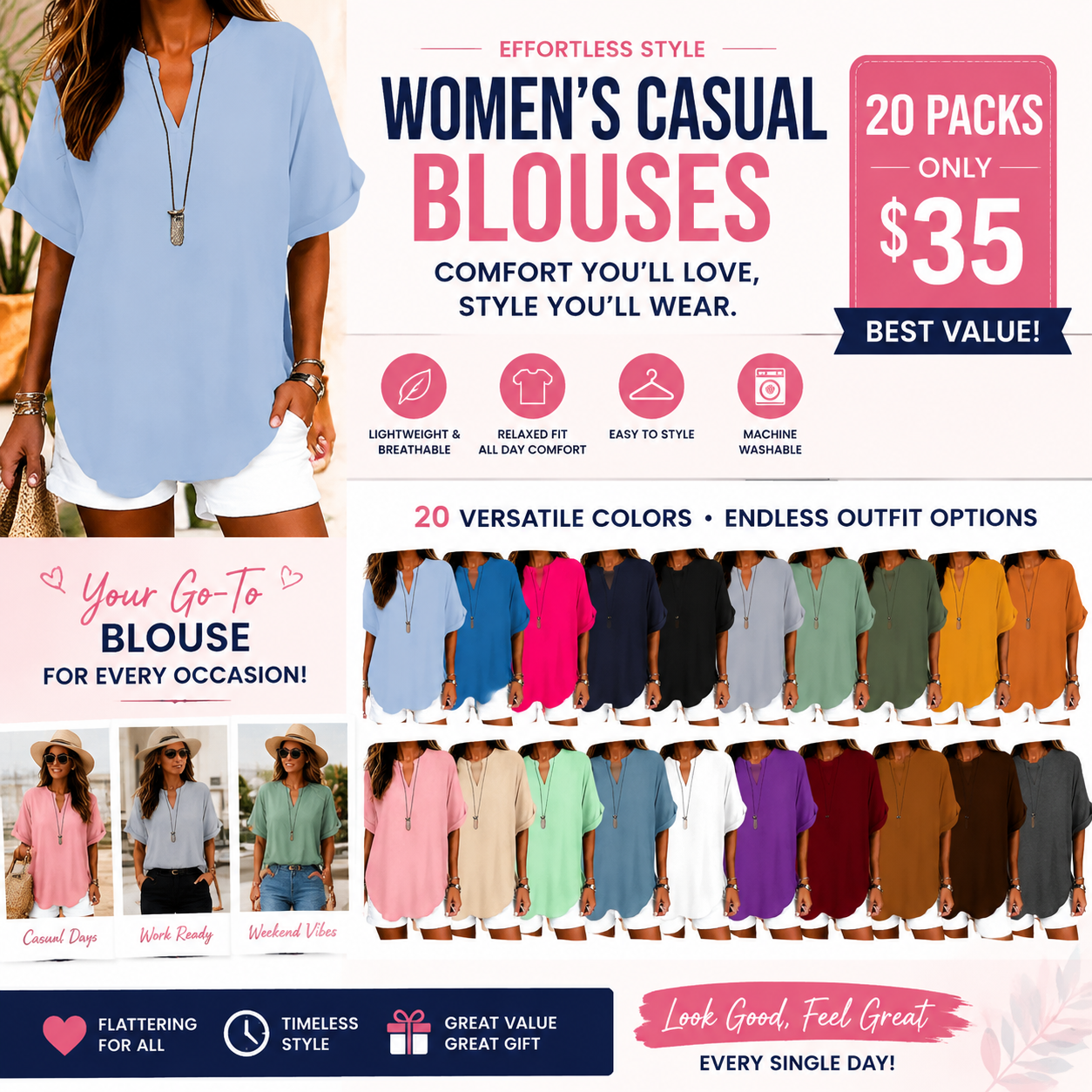⏰Final 3 hours 80% OFF🔥Women's Plain Short Sleeve Blouse, Casual Solid Color Top for Daily Wear, Ladies Clothes for All Seasons
