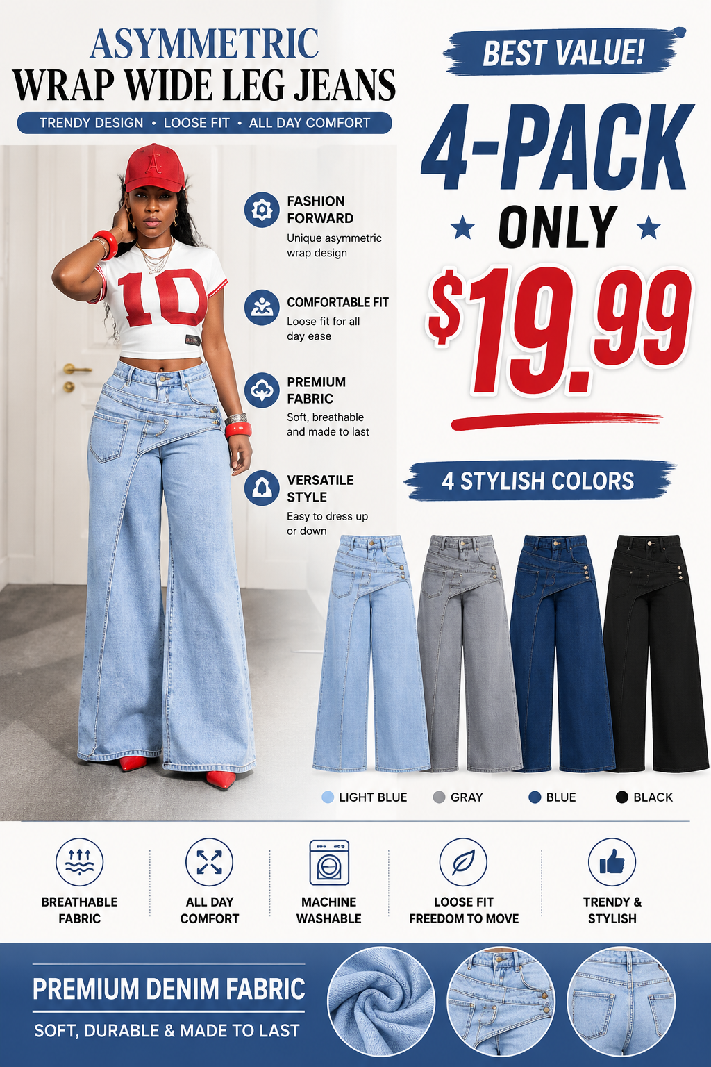 🔥MID YEAR SALE🔥Women's Loose-Fitting Trendy Asymmetrical Design Casual Denim Long Pants