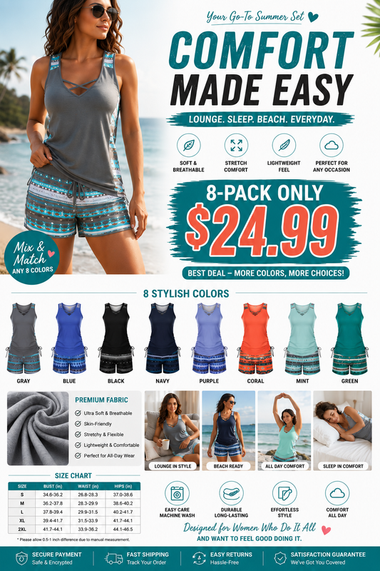 ⏰LAST DAY 90% OFF - Women's 2-Piece Tummy Control Tankini Set with Built-In Bra – Flattering Boho Swimwear with Shorts