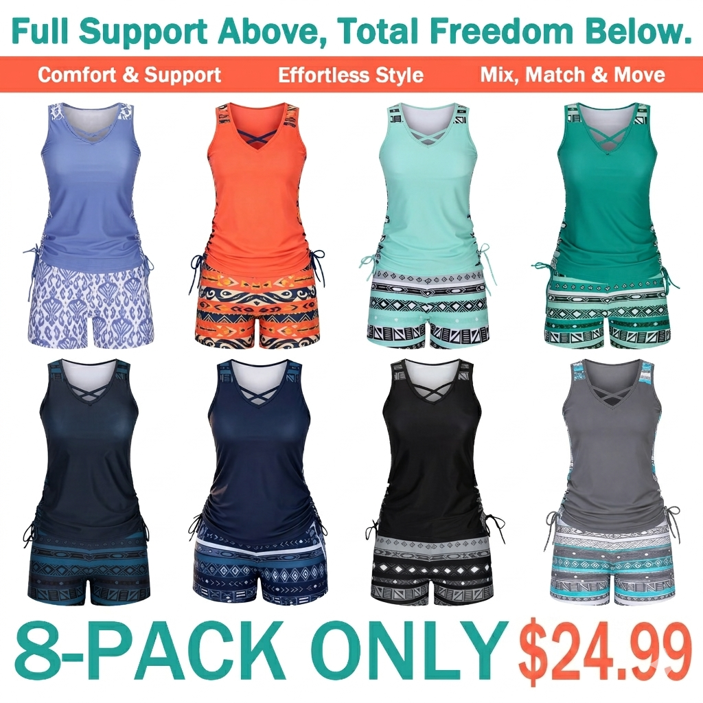 ⏰LAST DAY 90% OFF - Women's 2-Piece Tummy Control Tankini Set with Built-In Bra – Flattering Boho Swimwear with Shorts